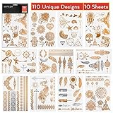Arteza Temporary, Metallic, Henna Body Tattoos, Gold & Silver Flash Tattoo Sheets, 110 Unique Designs (10 Sheets)