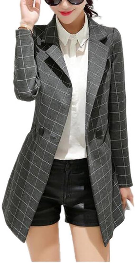 Womens Vintage Check Plaid Long Sleeve Casual Long Jacket Blazer