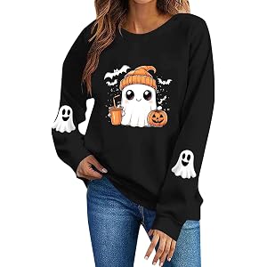 ASUIU Halloween Crewneck Sweatshirt Ghost Pumpkin Graphic Crewneck Pullover Shirt Cute Spooky Season Outfits