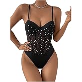 SweatyRocks Women's Corset Bodysuit Mesh Sheer Sleeveless Cami Jumpsuit Shirts Tops