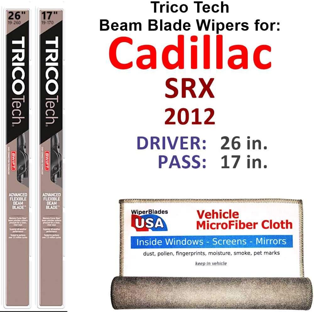 Beam Wiper Blades for 2012 Cadillac SRX Set Trico Tech Beam Blades Wipers Set Bundled with MicroFiber Interior Car Cloth