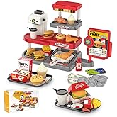 Pretend Play Fast Food Store Toy with Realistic Coffee Machine Card Reader Food Shop Playset with Simulate Hamburger Chips Sa