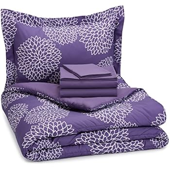 AmazonBasics 5-Piece Bed-In-A-Bag Comforter Bedding Set - Twin or Twin XL, Purple Floral, Microfiber, Ultra-Soft