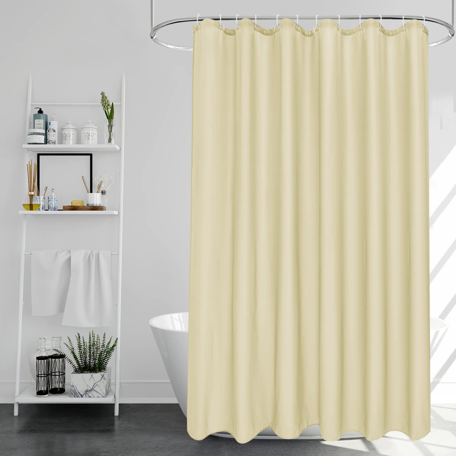 EurCross Beige Shower Curtains Mould Proof Resistant Washable, Quick Dry Water-resistant Fabric Bathroom Shower Curtain 180 x 180cm Drop with 12 Plastic Hooks
