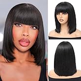 CLIONE 12 Inch Straight Bob Wig with Bangs Human Hair Ready to Go Glueless Wigs 2.5x1 Closure HD Lace Layered Cut Wig Bob Short Wigs with Bangs Minimalism for Women 180% Density