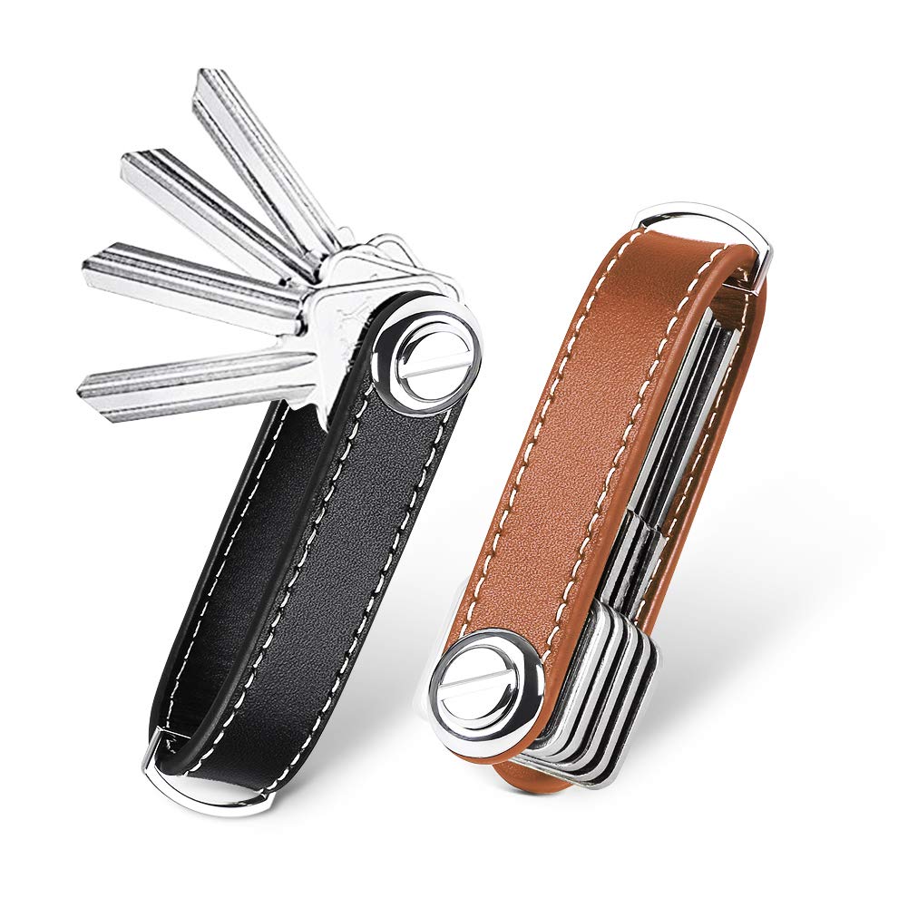flintronic Key Organizer | Genuine Leather Keychain| Pocket Smart Key Holder with Gift Box Stylish, Functional & Practical (Holds 7-9 Multiple Keys) - Black&Brown