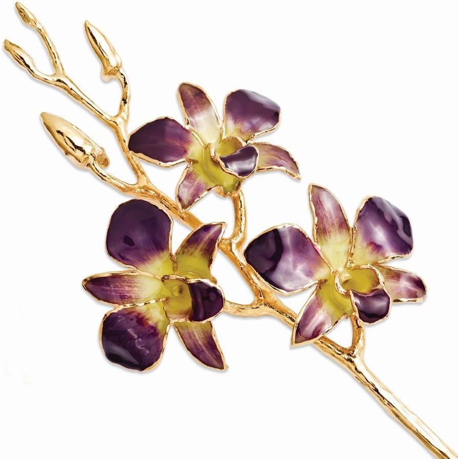 RoseCharm Beautiful Lacquer Dipped Gold Trimmed Purple/Yellow Dendrobium Orchid Stem