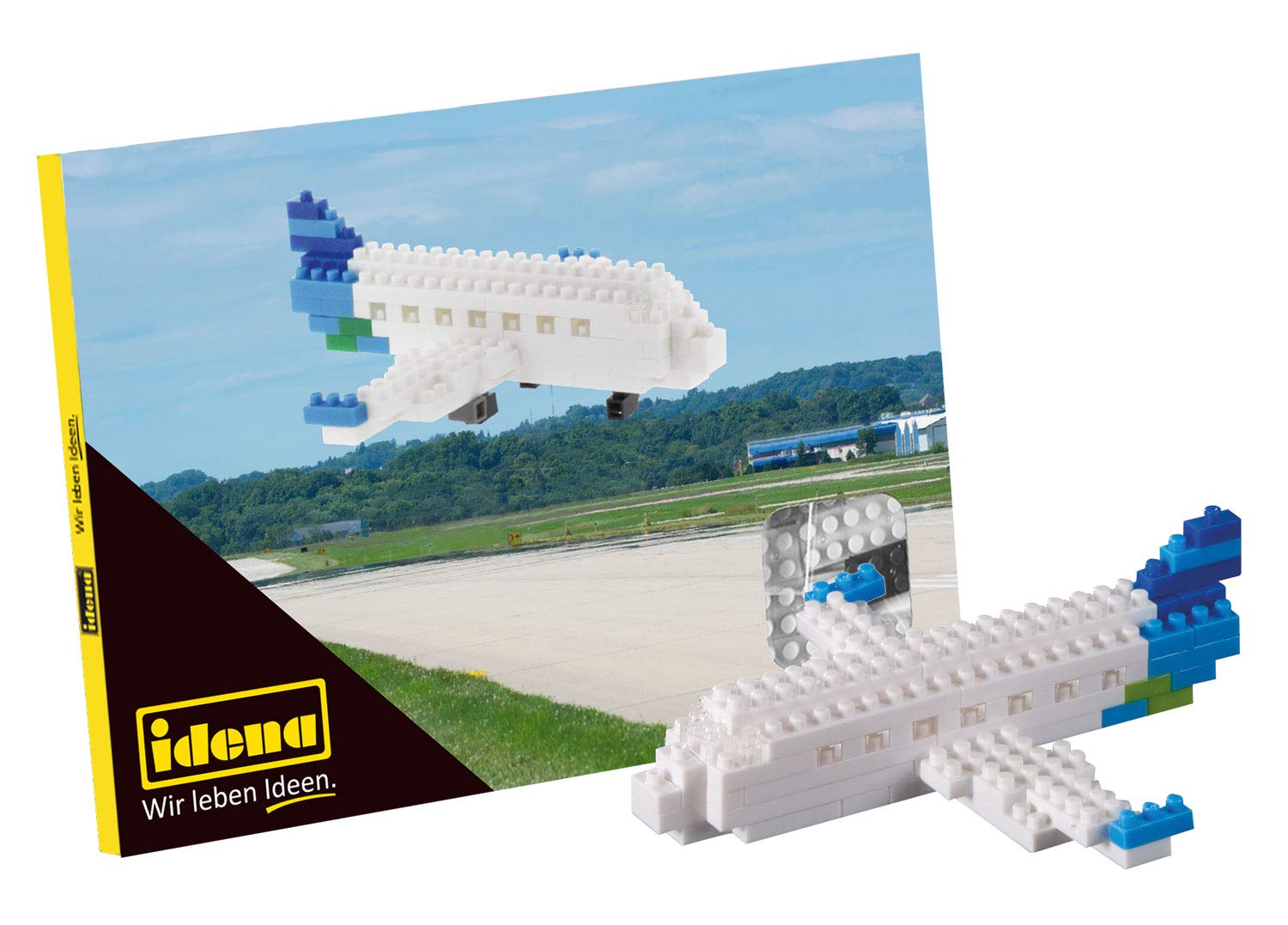 Idena 40149 Postcard Aeroplane with a 3D Model Kit with 78 Original Brixies Mini Building Blocks, Difficulty Level 1, Greeting Card or Gift for Children and Adults