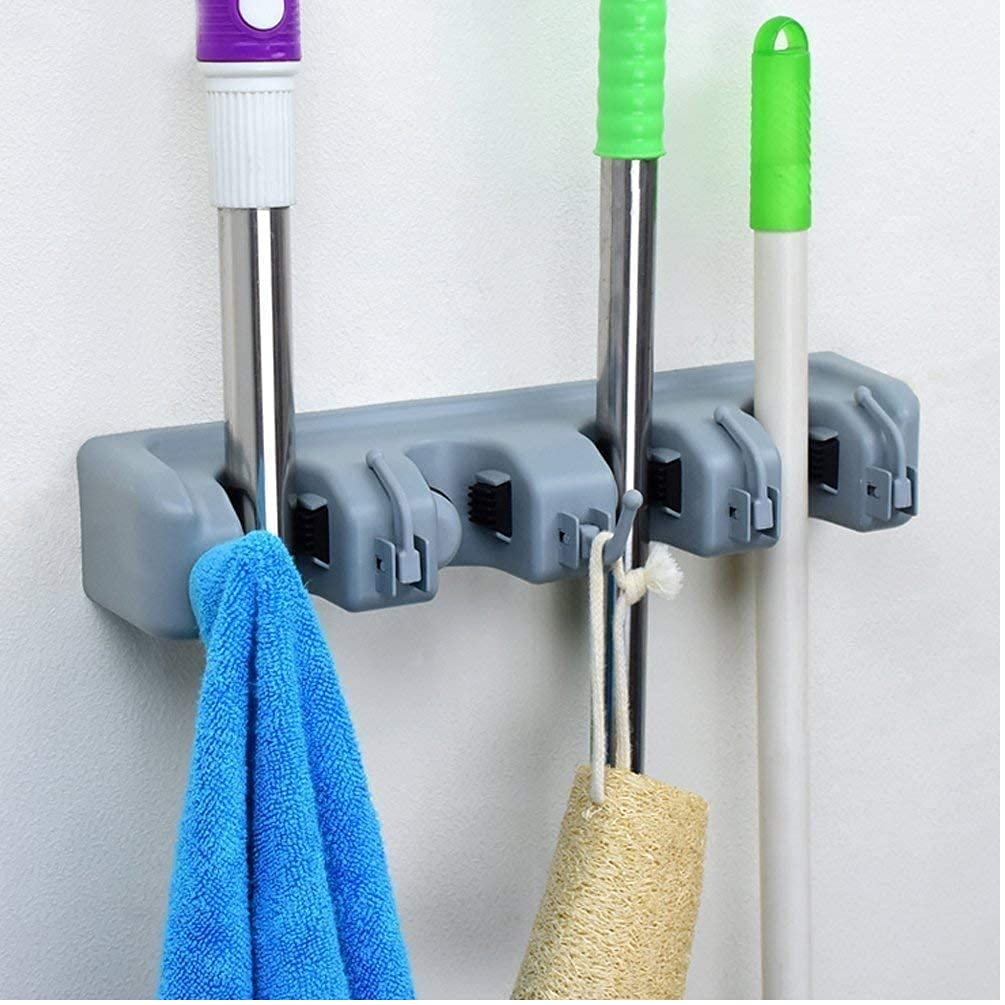 Deziine® 4 Slot Position Wall Mounted mop and Broom Holder with 5 Hooks