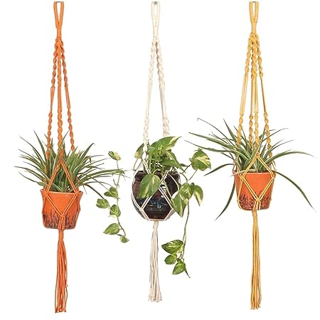 Silvermoon Macrame Decor Plant Hangers for Indoor Cotton Handmade Hanging Decor Planter with Tassels Basket Decorative Flower Pot Holder for Home(Plant and Pot not Included) 3 Pcs