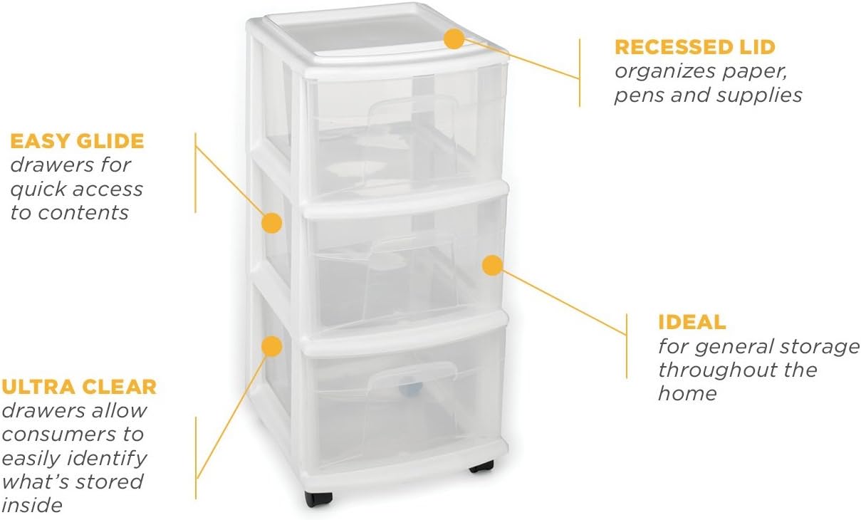 HOMZ 3 Drawer Medium Storage Cart, Set of 1, White: Home & Kitchen