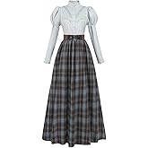 Nuoqi Edwardian Dress for Women 2 Piece 1800s Victorian Costume Blouse with Plaid Skirt