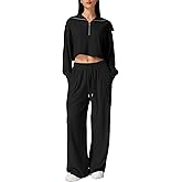 QINSEN Women Cozy 2 Piece Lounge Matching Set Wide Leg Sweatpants Half Zip Crop Sweatshirt Outfits