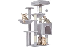 Taoqimiao Cat Tree, 39.4-Inch Cat Tower for Indoor Cats,Suitable for Kittens,Plush Cat Condo with 5 Scratching Posts, Plush Perch,2 Hammock,Pompoms, MS019W Light Gray