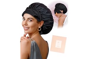 BONNET QUEEN Silk Bonnet for Sleeping Women Satin Bonnet with Eye Mask Non Slip Hair Wrap for Curly Hair Night Sleep Cap Black