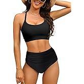 GVAOO Women's High Waisted Bikini Sets Sporty Scoop Neck Cross Back Bathing Suit Two Piece Swimsuits for Women