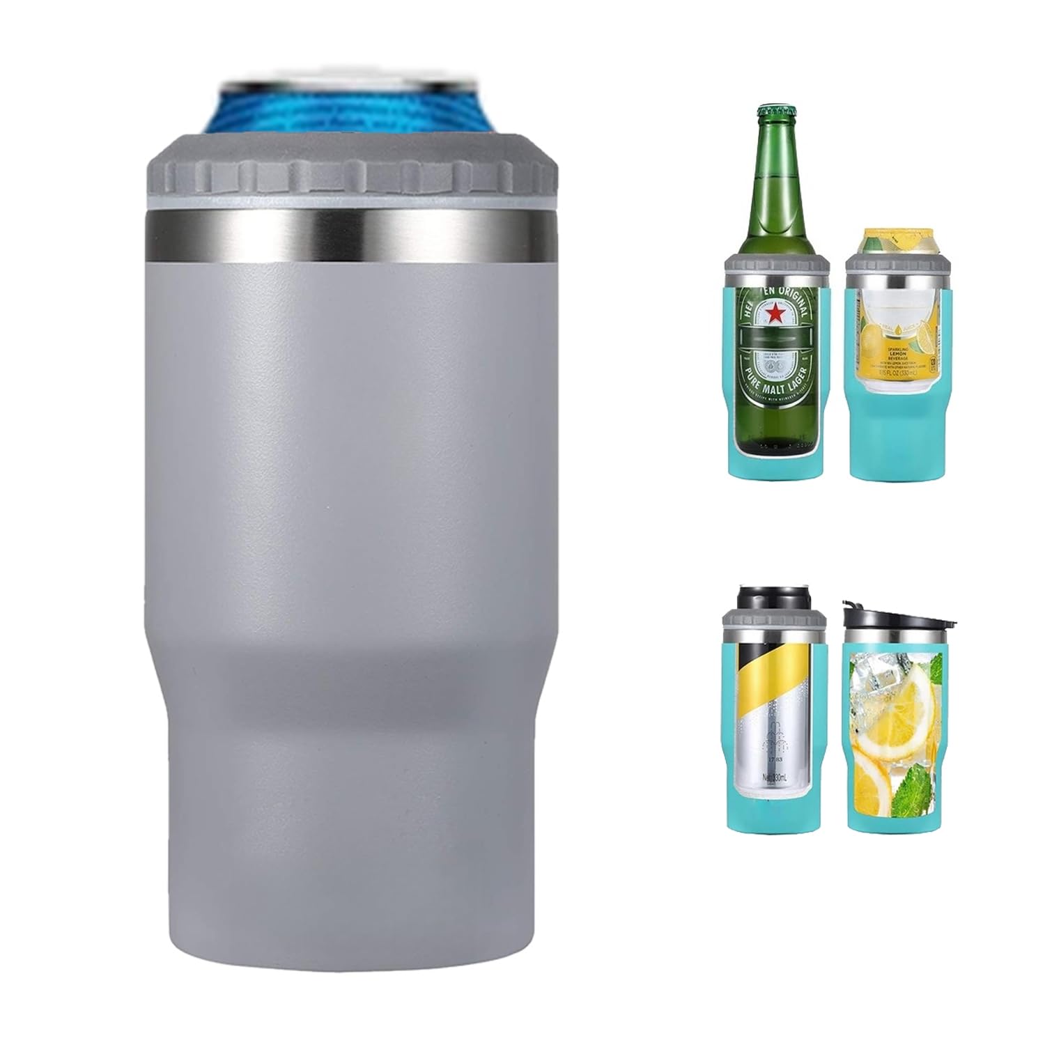 Gteller 4 in 1 Stainless Steel Can/Bottle Insulator, 14oz Two-Way Lids SUS Insulated Can Cooler, Beer Bottle holder (Grey) — image 1