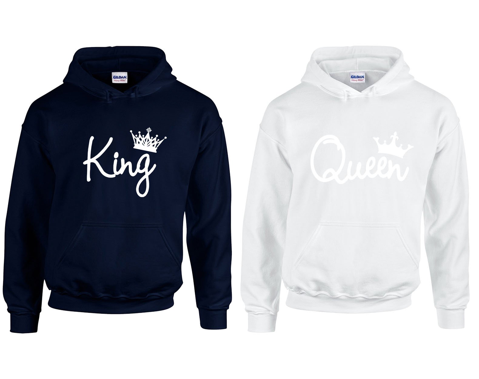 King & Queen Script Font Funny Cool Design Couple Most Popular Hoodie Hooded Sweatshirt 2(Navy-White,Men-S/Women-S)