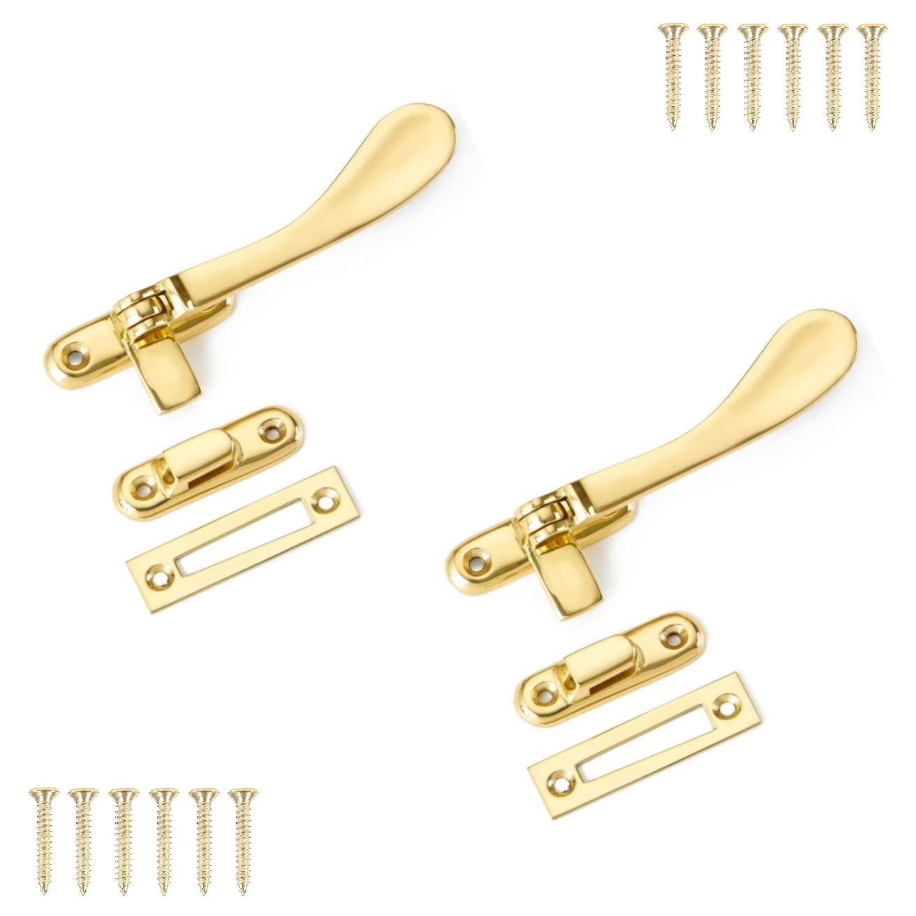 TERF® 100mm Heavy Duty Traditional Victorian Design Polished Brass Window Casement Fast Hook 100mm (4 inch) including Fixing Screw - Pack of 2