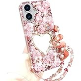 Changjia for iPhone 16 Glitter Bling Case,Cute Girly 3D Sparkle Heart Makeup Mirror Crystal Rhinestones Flowers Diamond Gems Pearl with Lanyard Wrist Strap Women Girls Case for iPhone 16 6.1" (Pink)