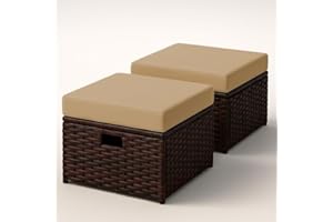 IJIALIFE Footstool Ottoman Set of 2, Waterproof Rattan Footrest with Removable Cushions, Sturdy Foot Stool for Couch Chair Indoor Outdoor (Brown Cushions, Brown Rattan)