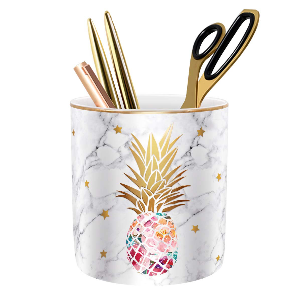 WAVEYU Pen Holder, Pencil Holder for Desk, Cute Makeup Brush Holder Marble Pineapple Pattern Pencil Cup for Girls Kids Durable Ceramic Desk Organizer Pineapple Decor for Office, Classroom