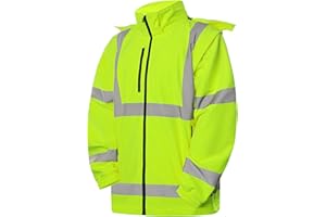 SHORFUNE High Visibility Reflective Softshell Safety Jacket for Men, Waterproof and Windbreaker Fleece Lining Winter Work Jackets with Detachable Hood and Sleeves, Class 3, XXL, Yellow