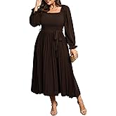 SHESTARR Women's Plus Size Dress Long Sleeve Smocked Square Neck Ruffle Pleated Flowy Wedding Guest Maxi Fall Dress