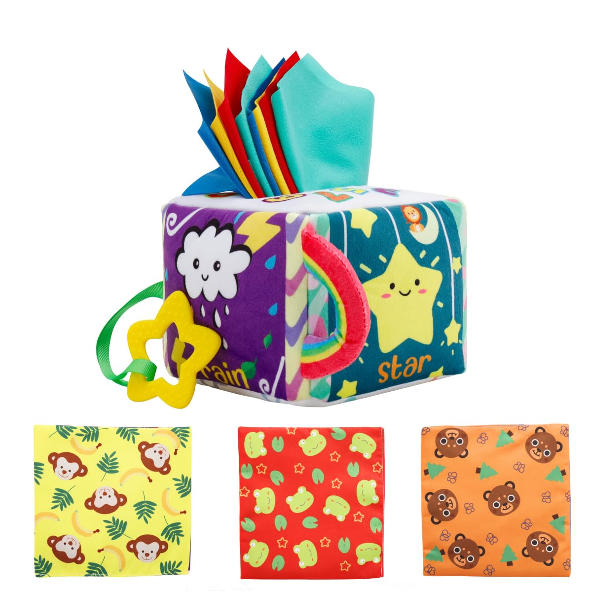 SIXHANS Baby Tissue Box Toy for 6-12 Months | Montessori Sensory Pulling Toys with 8 Rip-Proof Textile Tissues, 3 Crinkle Papers & Safe Mirror–Soft Infant Early Learning Toys, for Boys Girls