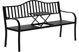 Outsunny Metal Outdoor Bench with Liftable Middle Table, Patio Loveseat with Slatted Seat and Back, Garden Bench for Lawn, Po