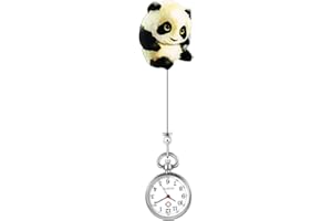 LANCARDO Retractable Nurse Watch with Second Hand for Women Girls Clip-on Hanging Lapel Watches Cute Cartoon Panda Design Easy Read Dial Doctors Students Paramedic Badge Quartz Fob Pocket Watch