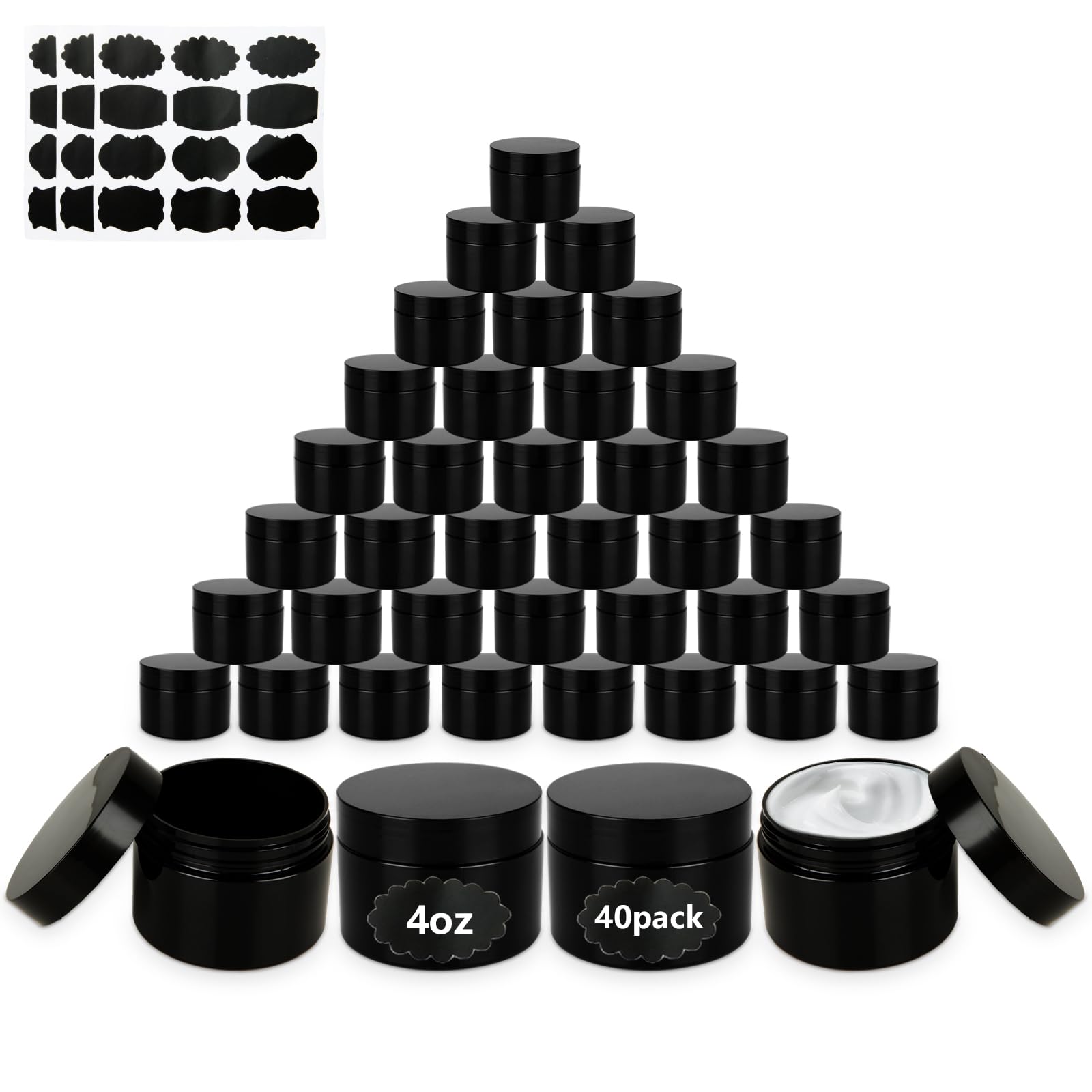 Photo 1 of Acrux7 40 Pack 4 oz Black Plastic Jars, Small Round Cosmetic Cream Jars with Lids & Labels, Refillable Plastic Cream Container 120 ml Leak Proof Travel Jars for Creams, Lotion, Body Butter, Body Scrub