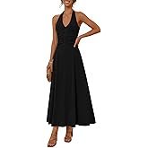 MEROKEETY Women's Formal Halter Maxi Dress 2026 Summer Backless Sleeveless V Neck Ruched Cocktail Wedding Guest Dresses