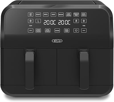 Freidora de aire de 8L, doble canasta y pantalla táctil, 8 opciones de cocción, temperatura ajustable, apagado automático, bandejas antiadherentes, 1700W, color negro