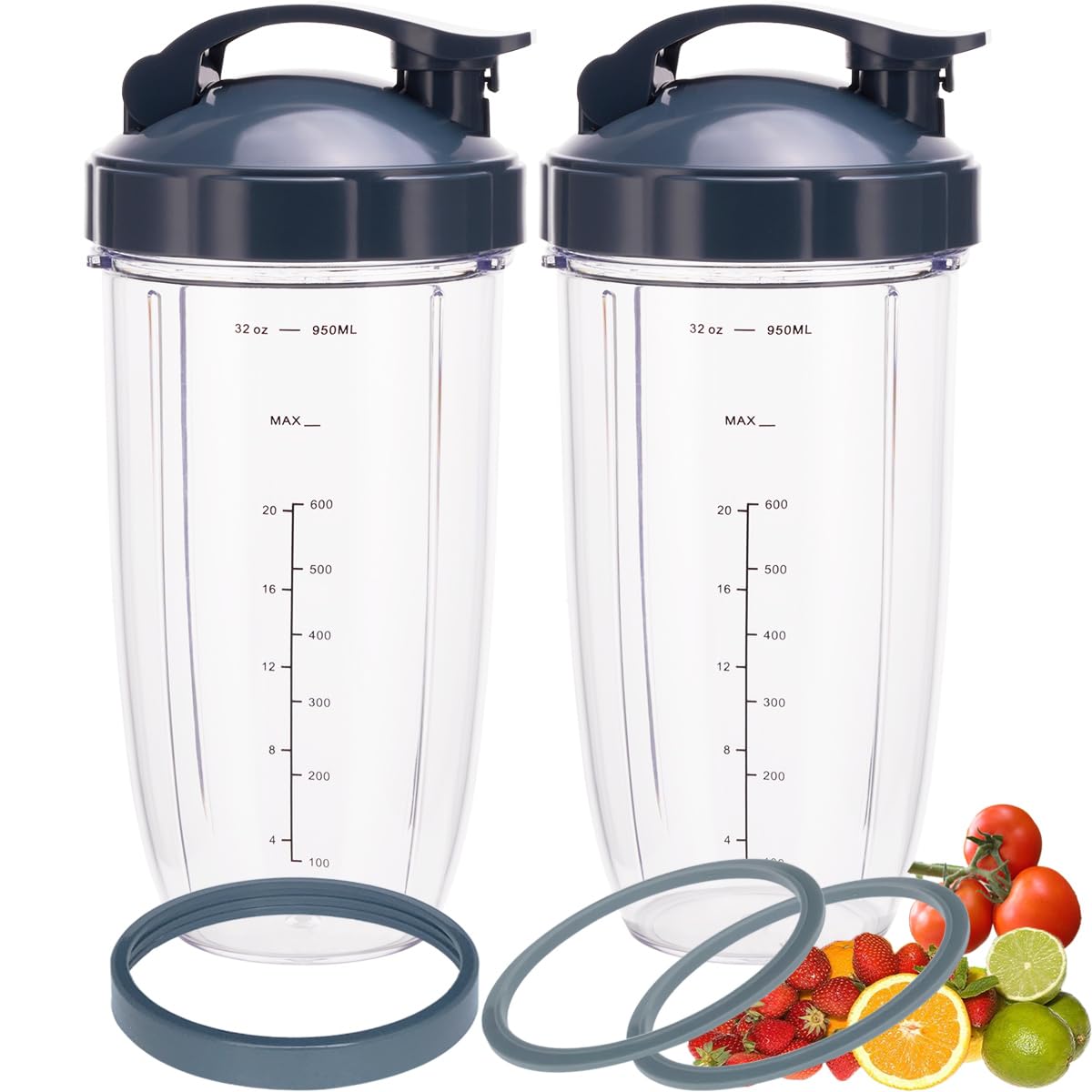 Photo 1 of [UPGRADE] 2-pack 32oz Replacement Blender Cups with Flip-Top To-Go-Lid and Rubber Gaskets Compatible with NutriBullet 600w/900w Blender