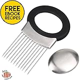 Multiuse Onion Holder 12 Stainless Steel Prongs Ergonomic Non Slip TPR Grip Handle Odor Remover Kitchen Tool Gadget Fruit Vegetable Slicer Cutter Chopper Peeler Meat Tenderiser with eBook
