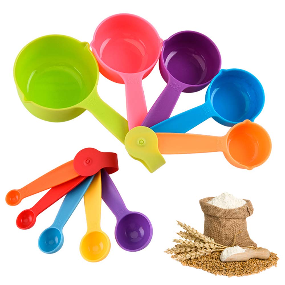 Angzhili 10 PCS Measuring Spoons and Cups,Good Grips Plastic Measuring Cups and Spoons for Dry and Liquid Ingredient, Baking Tools, Kitchen Supplies(Mixed Colors)