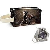 SuoSycorax Horse Printed Quilted Makeup Bag for Women - Velvety Polyester Cosmetic Organizer w/Triple Compartments, Travel & Makeup Brush Holder -2