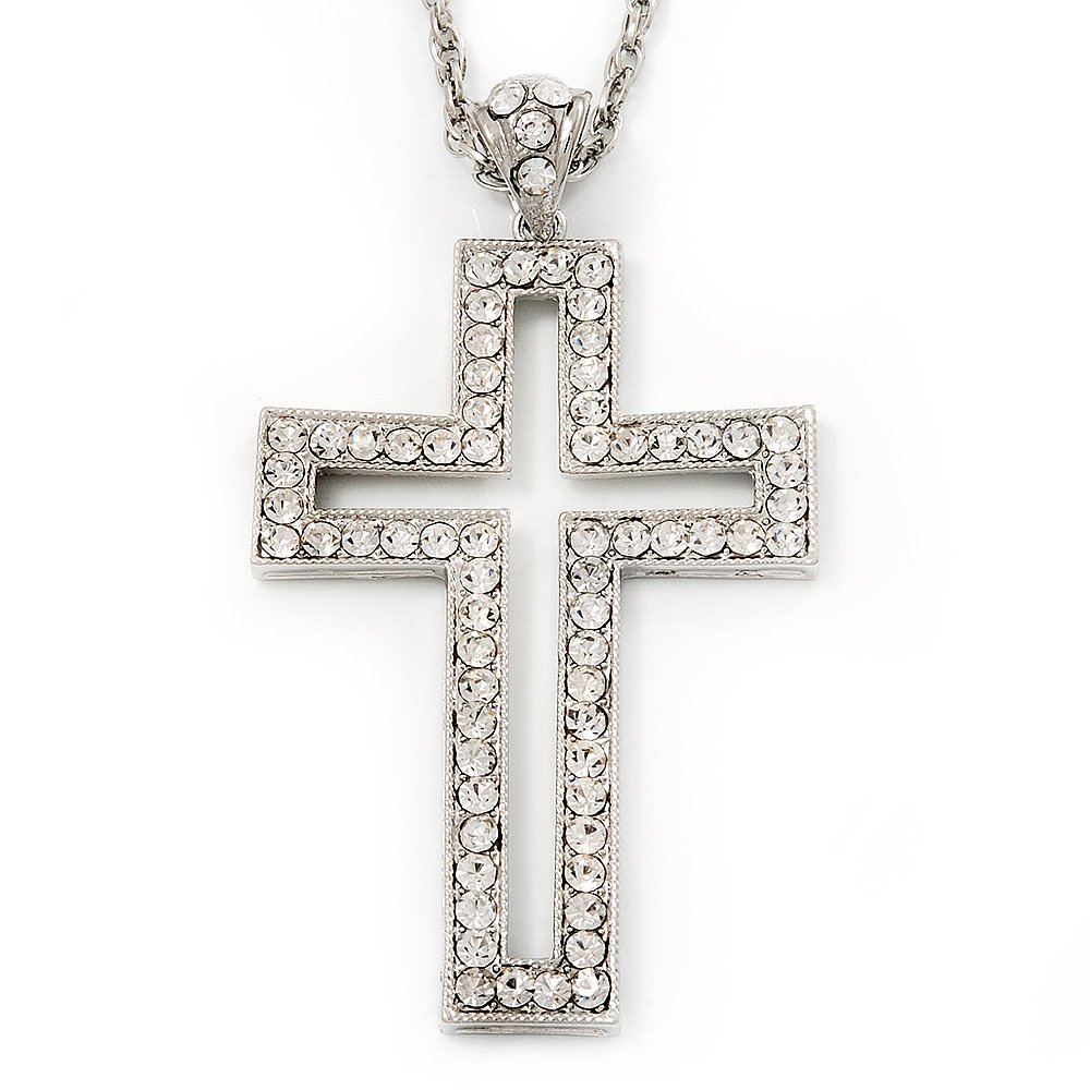 Avalaya Oversized Open Clear Crystal Cross Pendant Necklace/Rhodium Plated Metal/ 64cm L/ 6cm Ext