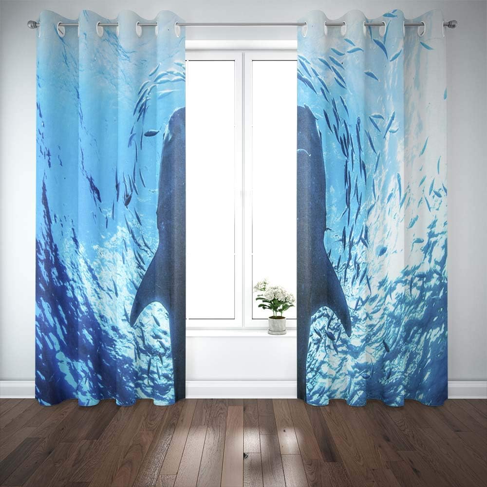 Shorping 52X84 Inch 3D Window Curtains, Privacy Window Curtain Whale Shark Underwater Window Blackout Curtains for Bedroom,2 Pc
