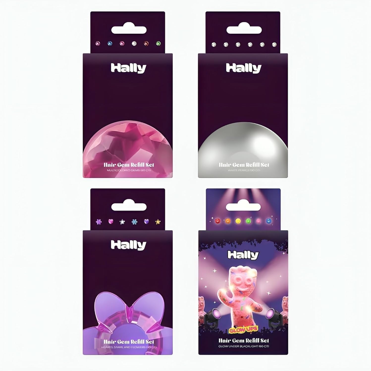 Hally Hair 360 Refill for Hair Gems - Multicolored Adhesive Jewels Only (No Stamper) – Hearts, Stars, Flowers, Pearls – Blacklight Glow – Hair Accessories for Girls & Teens