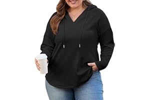 OLRIK Plus Size Hooded For Women V Neck Pullover Oversized Sweatshirts Long Sleeve Tops Loose Fit