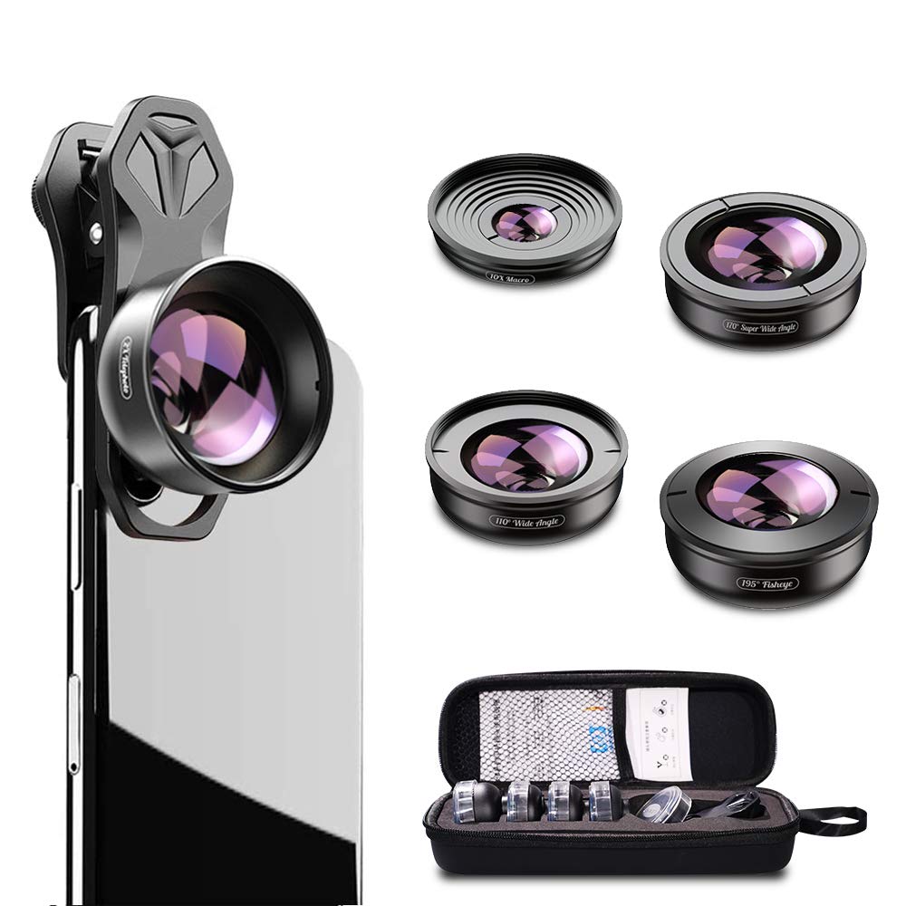Apexel【Updated Version HD Phone Lens Kit-170°Super (Fisheye) Wide Angle,10X Macro Lens,110° Wide Angle2.0X Zoom Telephoto,195°Fisheye Lens for iPhone XR/XS/XS MAX/X/8 7 6 Plus,Android,Samsung