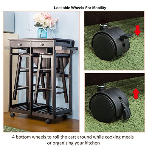 Breakfast Cart With 2 Stools,JULYFOX Drop Leaf Kitchen Island With Seating Chairs Wheels Storage Drawers Tower Rack Counter Height Tall Pub Bar Table Set 3 Piece Espresso For Small Spaces