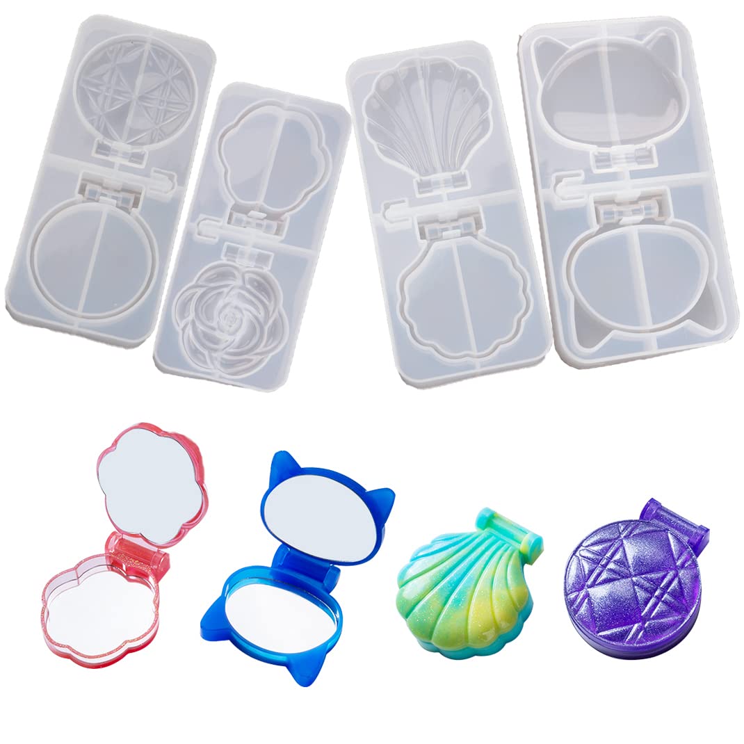 iSuperb 4 PCS Resin Moulds Compact Mirror Cover Moulds Silicone Cute Bear Flower Shaped Epoxy Resin Casting Moulds for DIY Double-Sided Compact Pocket Mirror (4 Mirror Moulds) — image 1