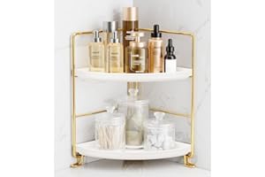 FSyueyun 2-Tier Corner Bathroom Counter Organizer, Tool-Less Installation Vanity Shelf Small Plastics Countertop Makeup Tray Skincare Perfume Organizers (Gold)