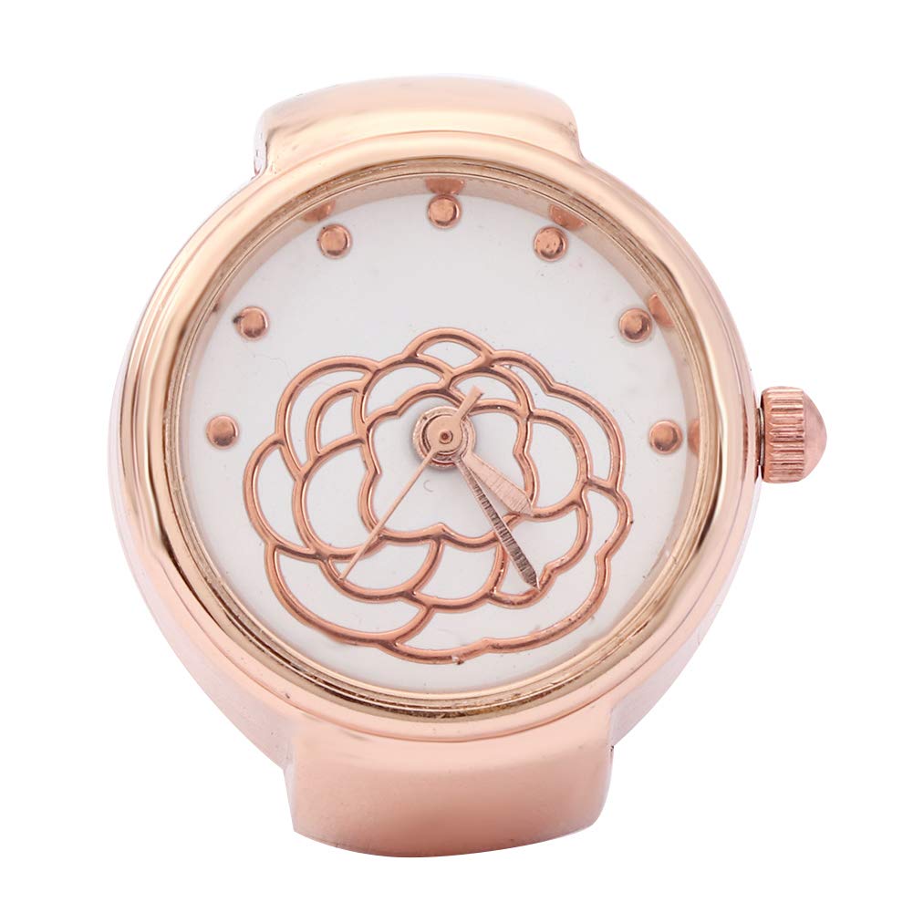 ZJchao Finger Ring Watch Round Dial Rose Flower Pattern Women Finger Quartz Watch, Men Women Finger Watch Creative Elastic Round Quartz Finger Ring Watches (Rose Gold)