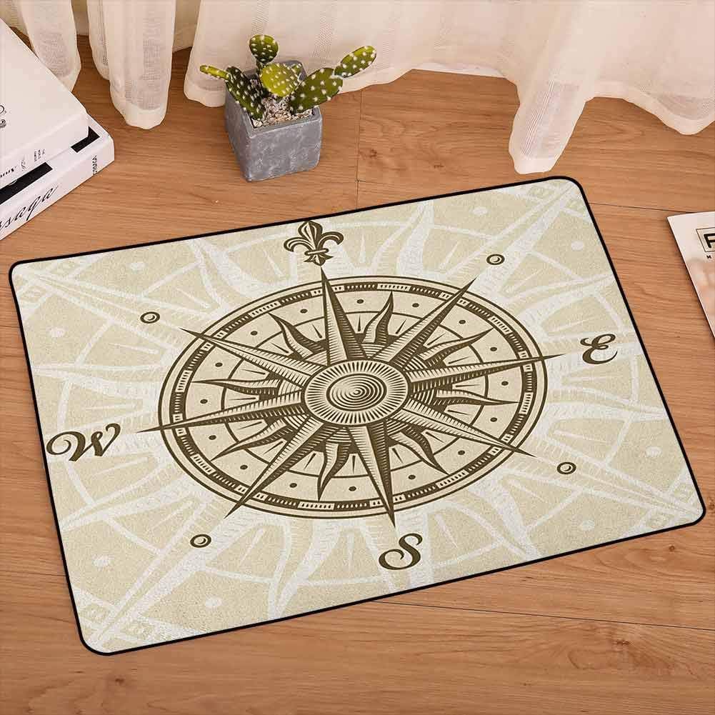 Compass Indoor/Outdoor Welcome Door Mat Sun Motif Backdrop with Windrose Directions East West North South Navigation Carpet Fade and Wear Resistant for Home, W19 x L31 Olive Green Beige