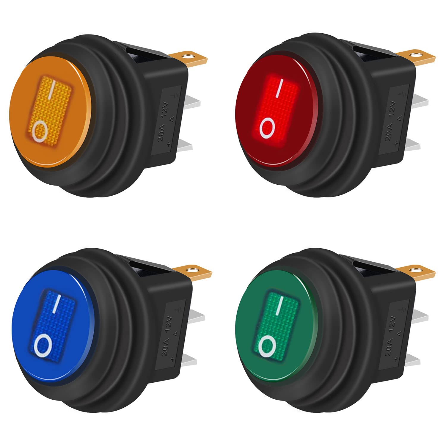 Taiss/4Pcs Rocker Toggle Switch Waterproof Round 12V 20A 4 Colours LED 3 Pins ON/OFF, For Car and Boat KCD1-8-101NW-4C