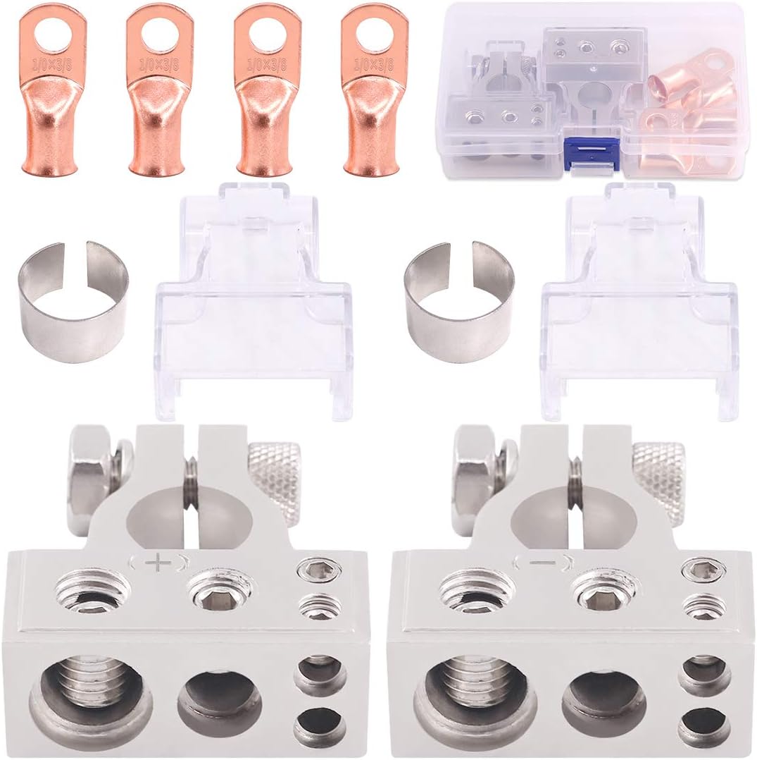 Glarks 8Pcs Silver Car Battery Terminal Connectors with Copper Wire lugs Ring Terminals Set